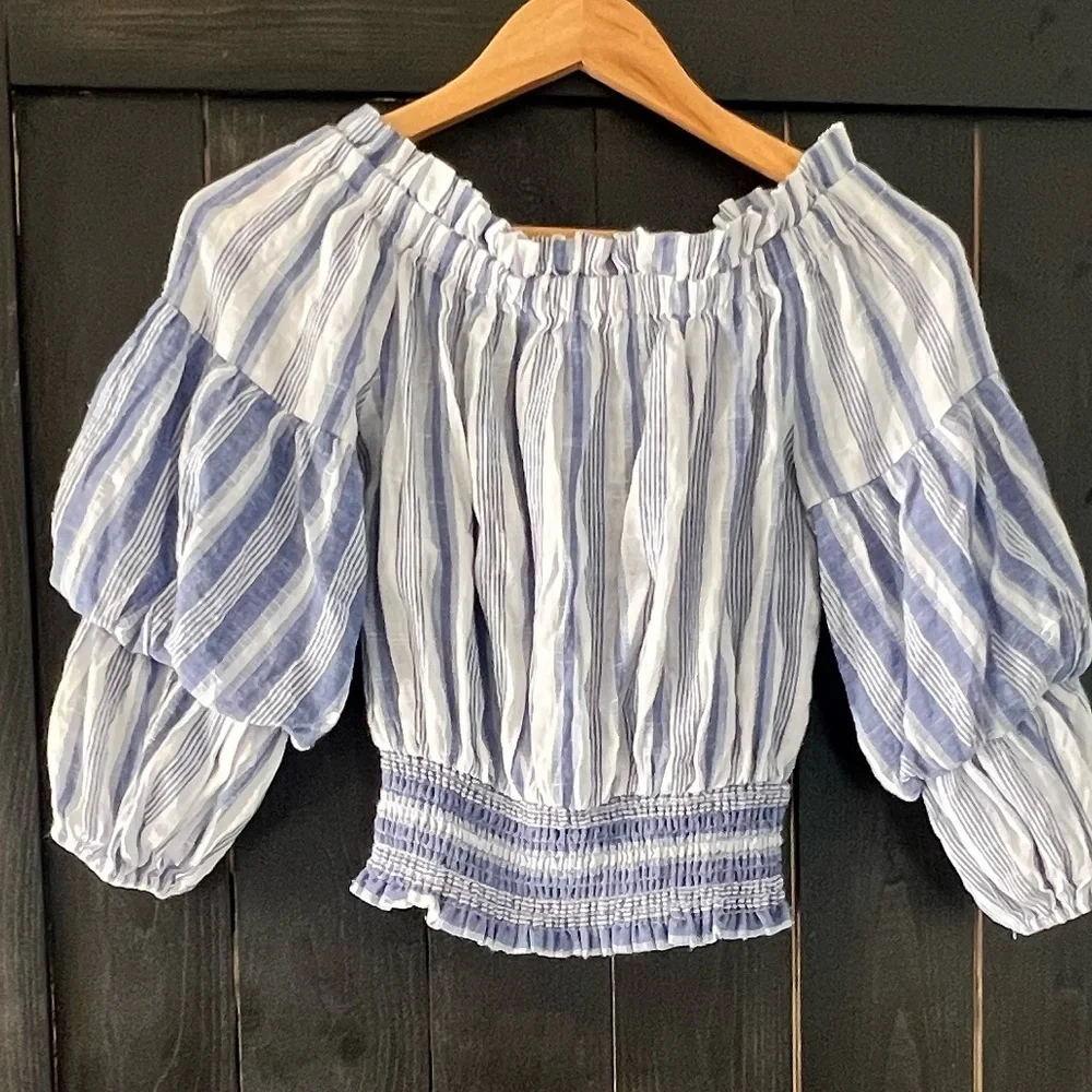 SUBOO blue and white striped off the shoulder top - Picture 2 of 6